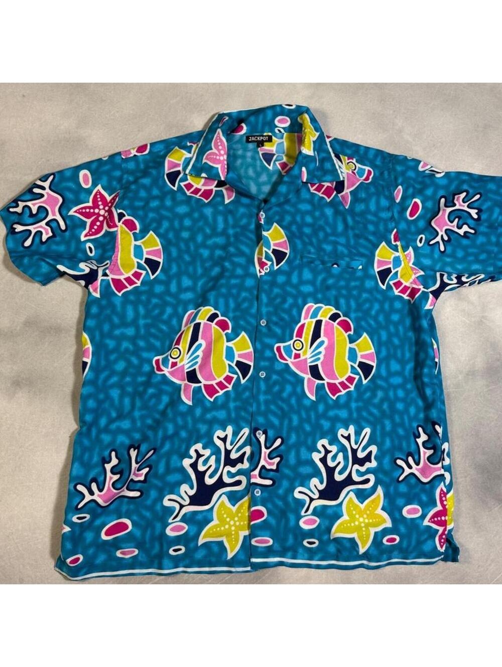 Y2K Jackpot Tropical Fish Hawaiian Shirt Men’s Large Blue Pink Reef Print